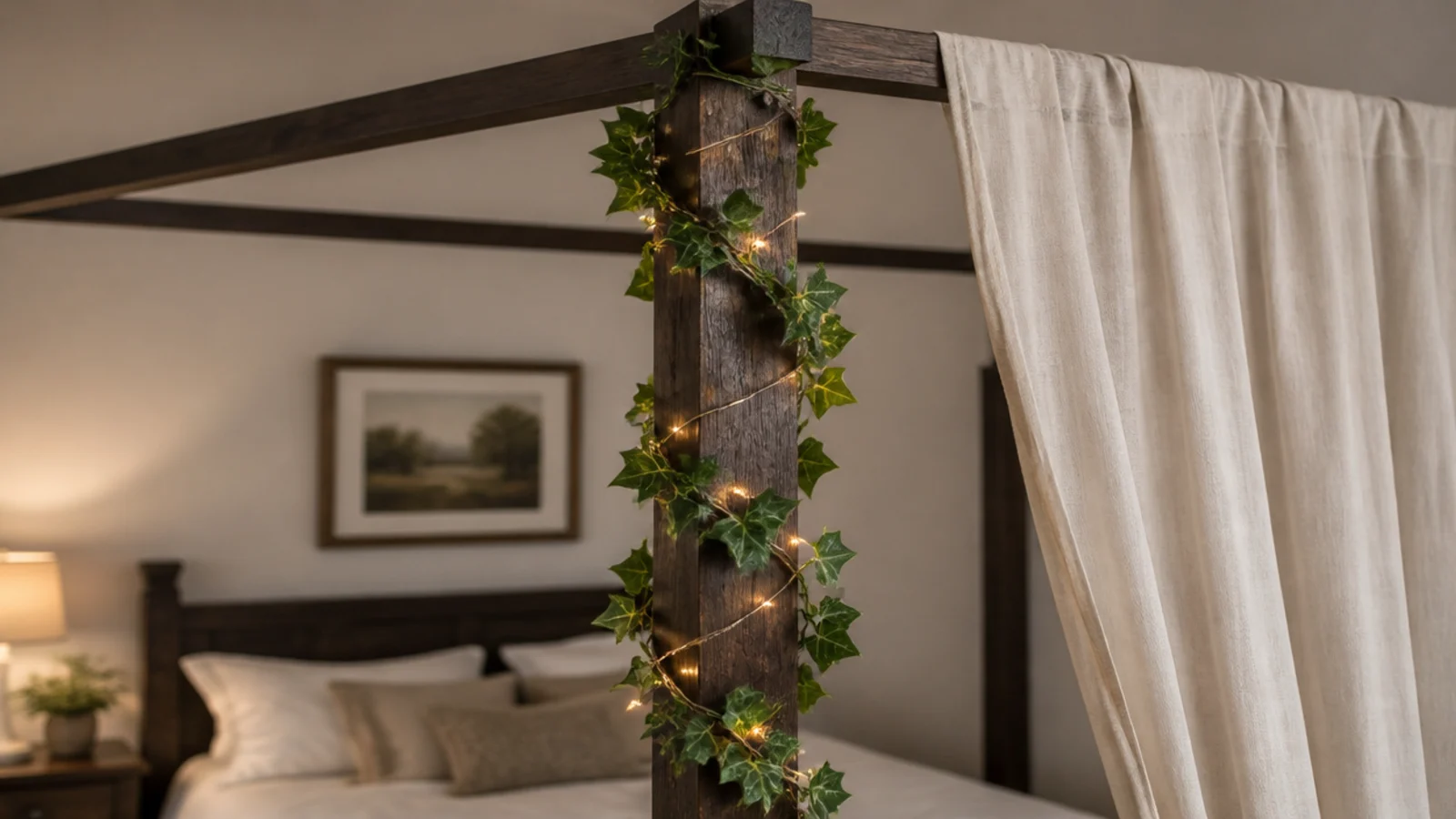 four poster upright wound with ivy garland and fine warm lights