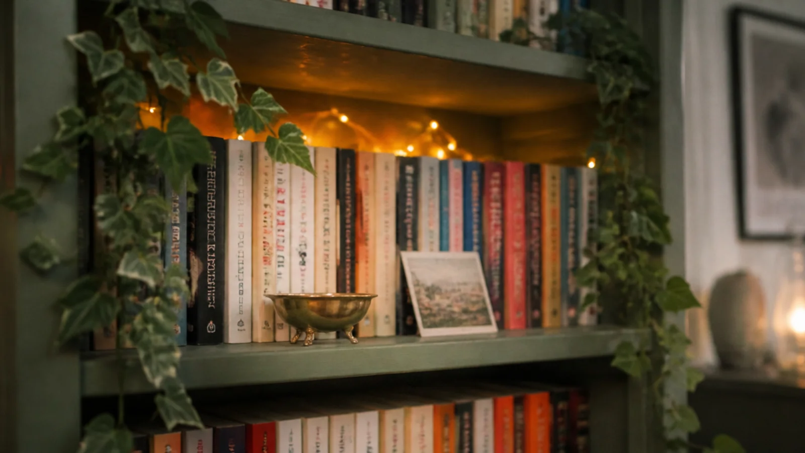 ivy spilling over shelf edges with lights woven behind the books