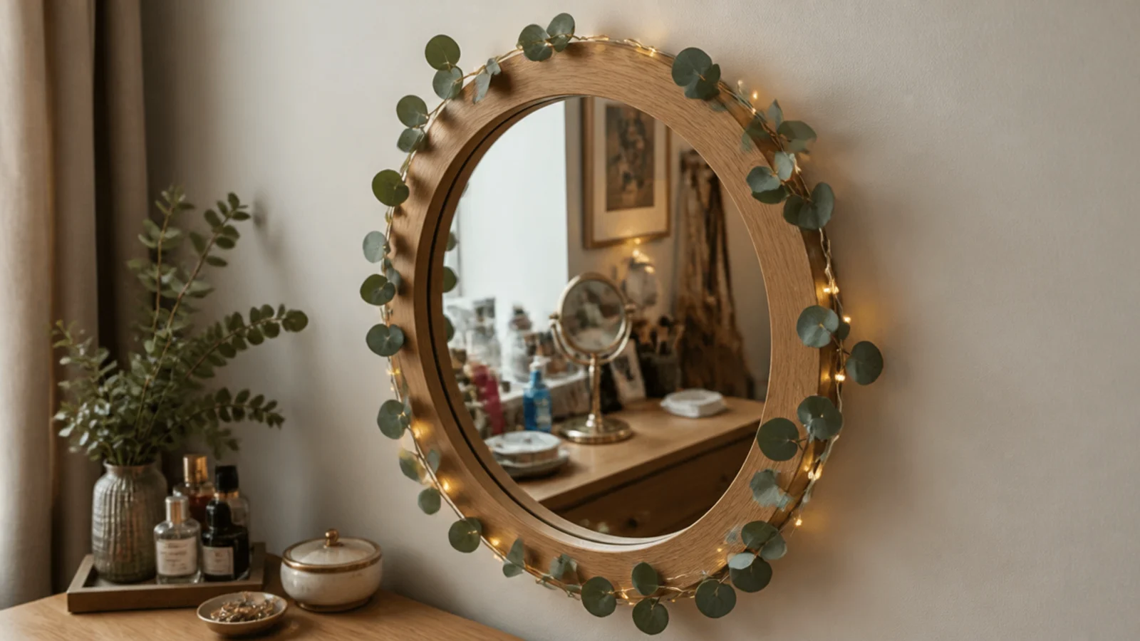 round mirror ringed with greenery and small warm bulbs