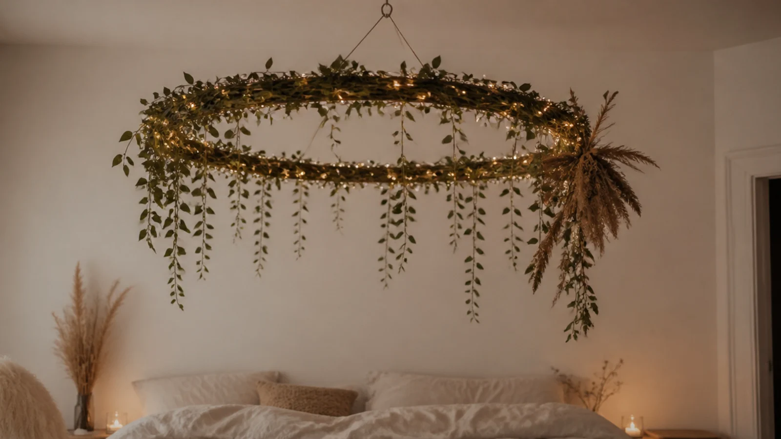 large willow hoop wrapped in vines and lights hung over a bed