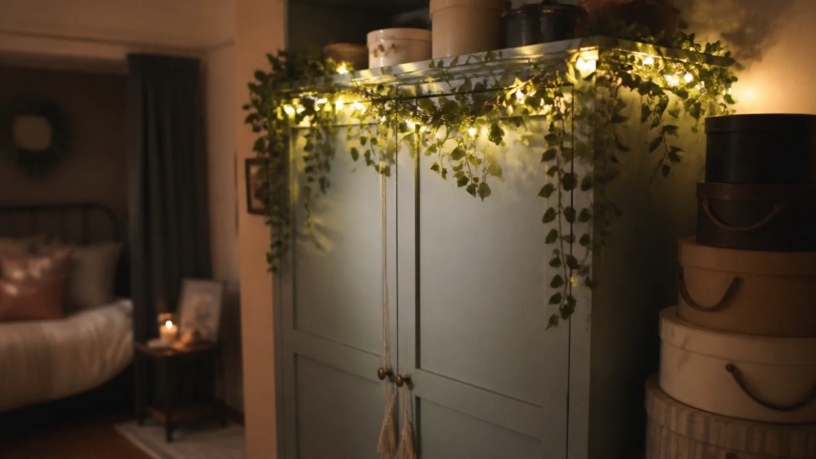 greenery spilling from a wardrobe top with lights glowing behind