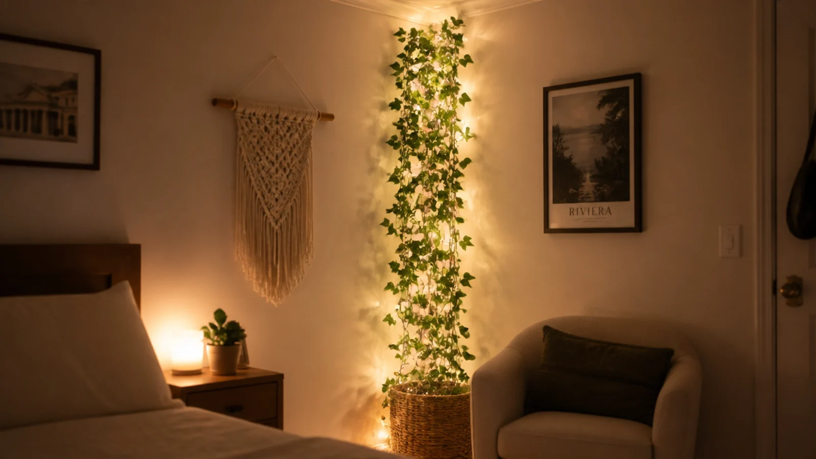 corner column of vines and lights running from floor to ceiling