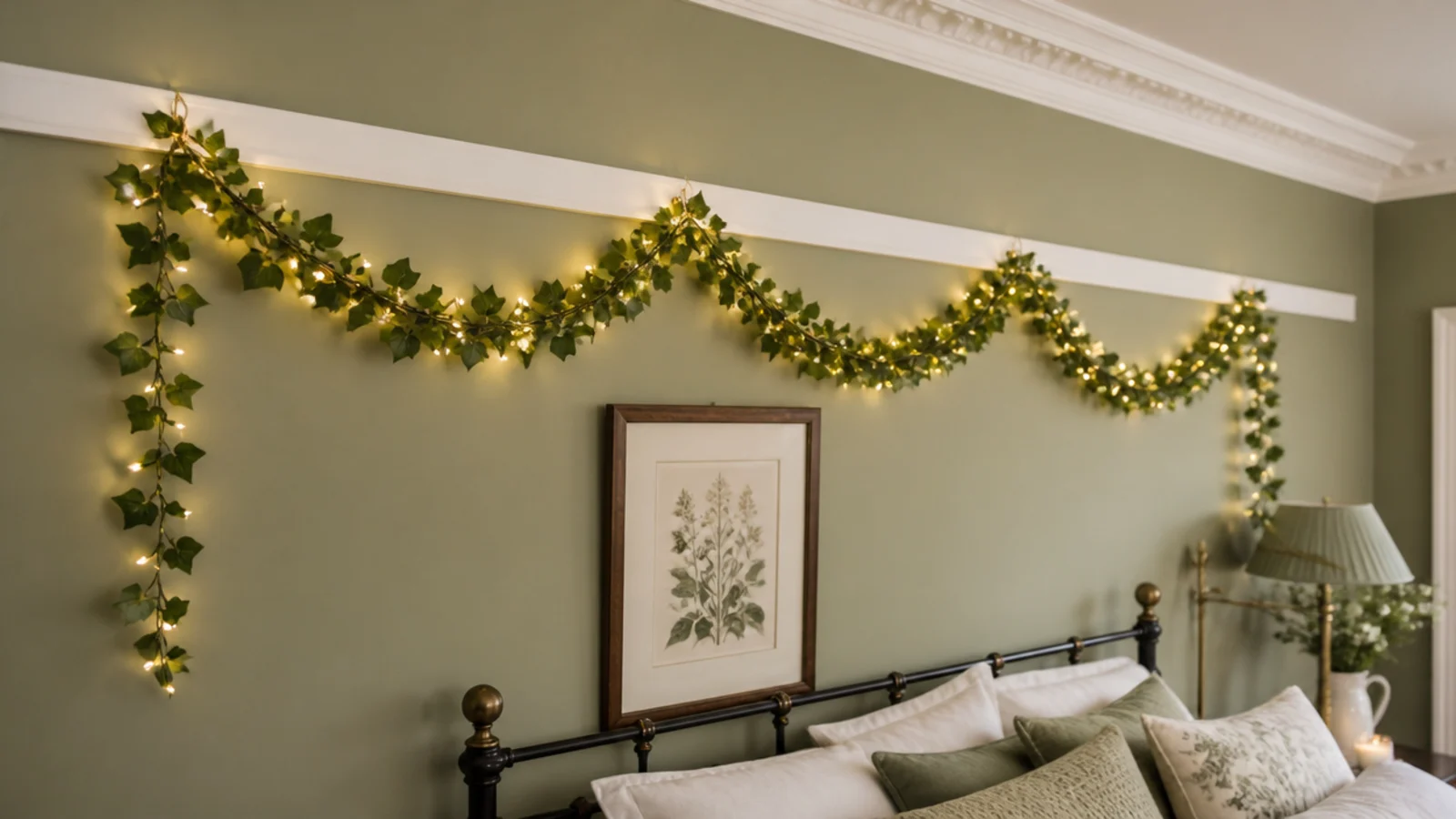 garland swagged along a picture rail with lights inside the leaves