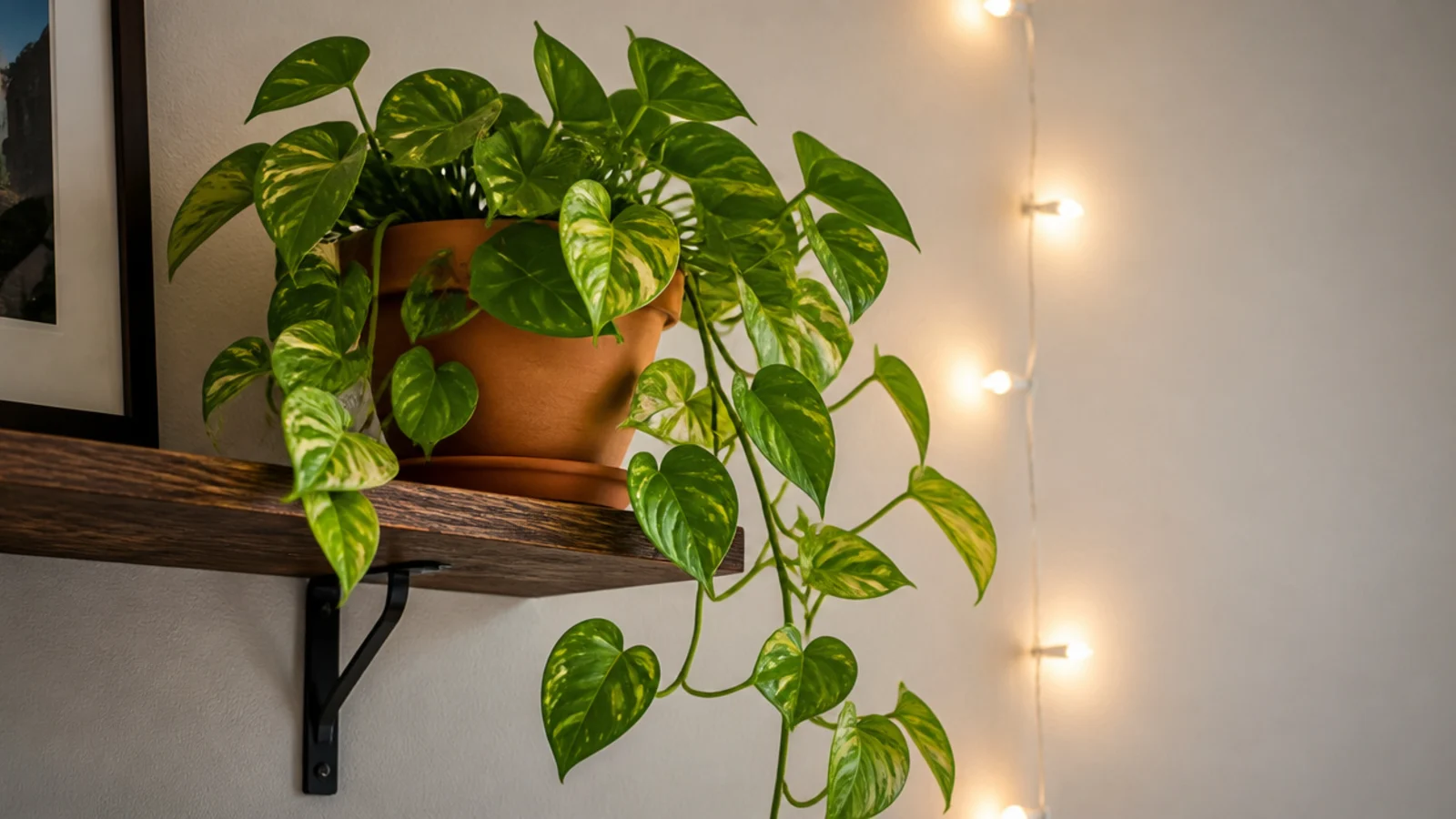 trailing pothos beside a wall strand with no cable in the leaves