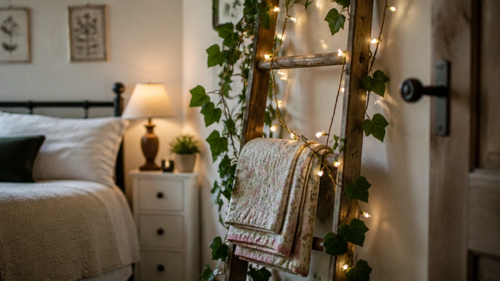 wooden ladder used as a trellis for vines and warm lights