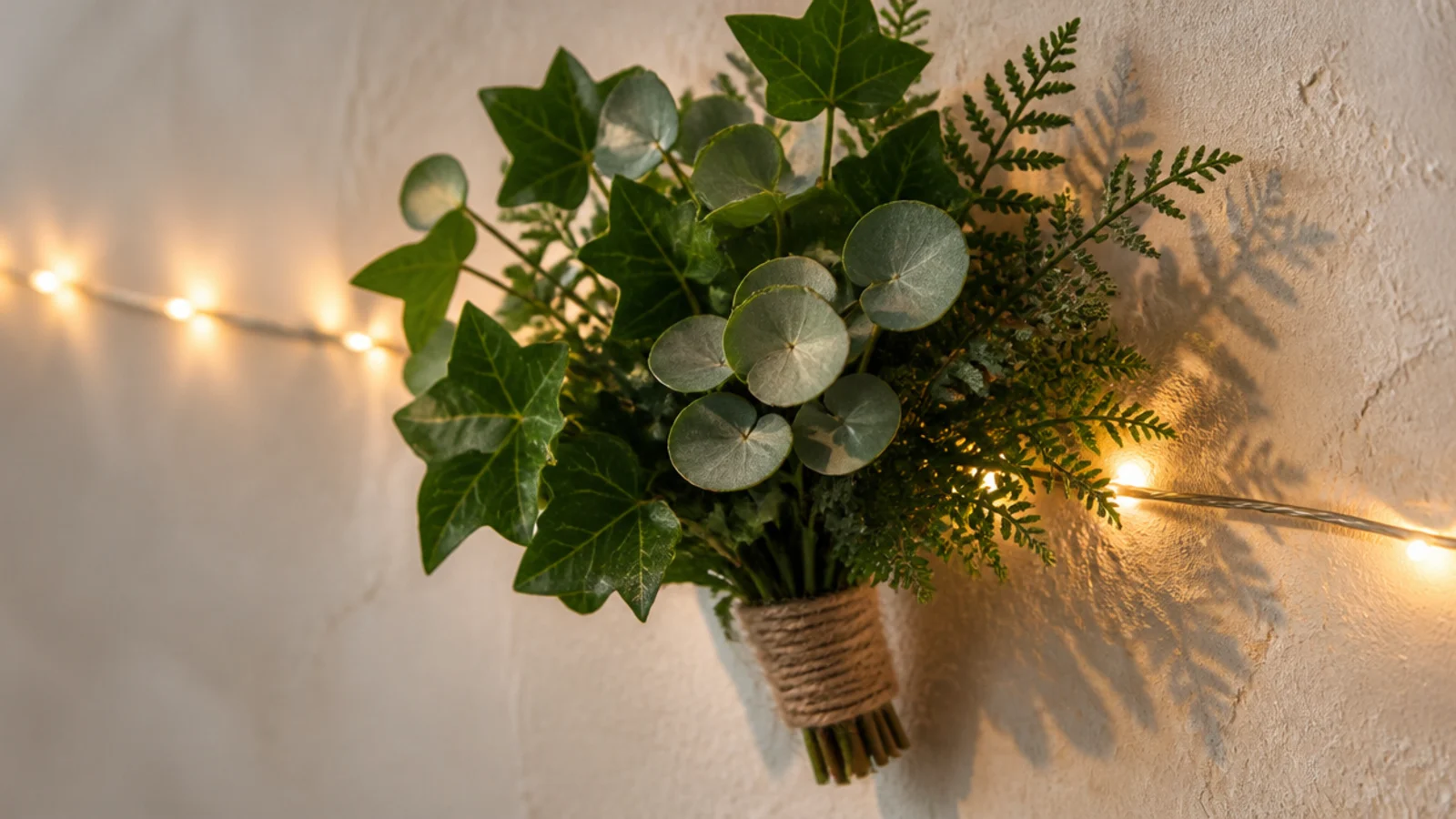 ivy eucalyptus and fern leaves mixed together under warm lights