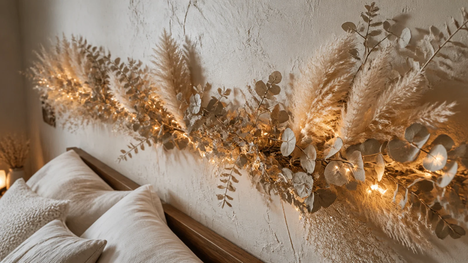 dried pampas and eucalyptus tucked into a lit green garland