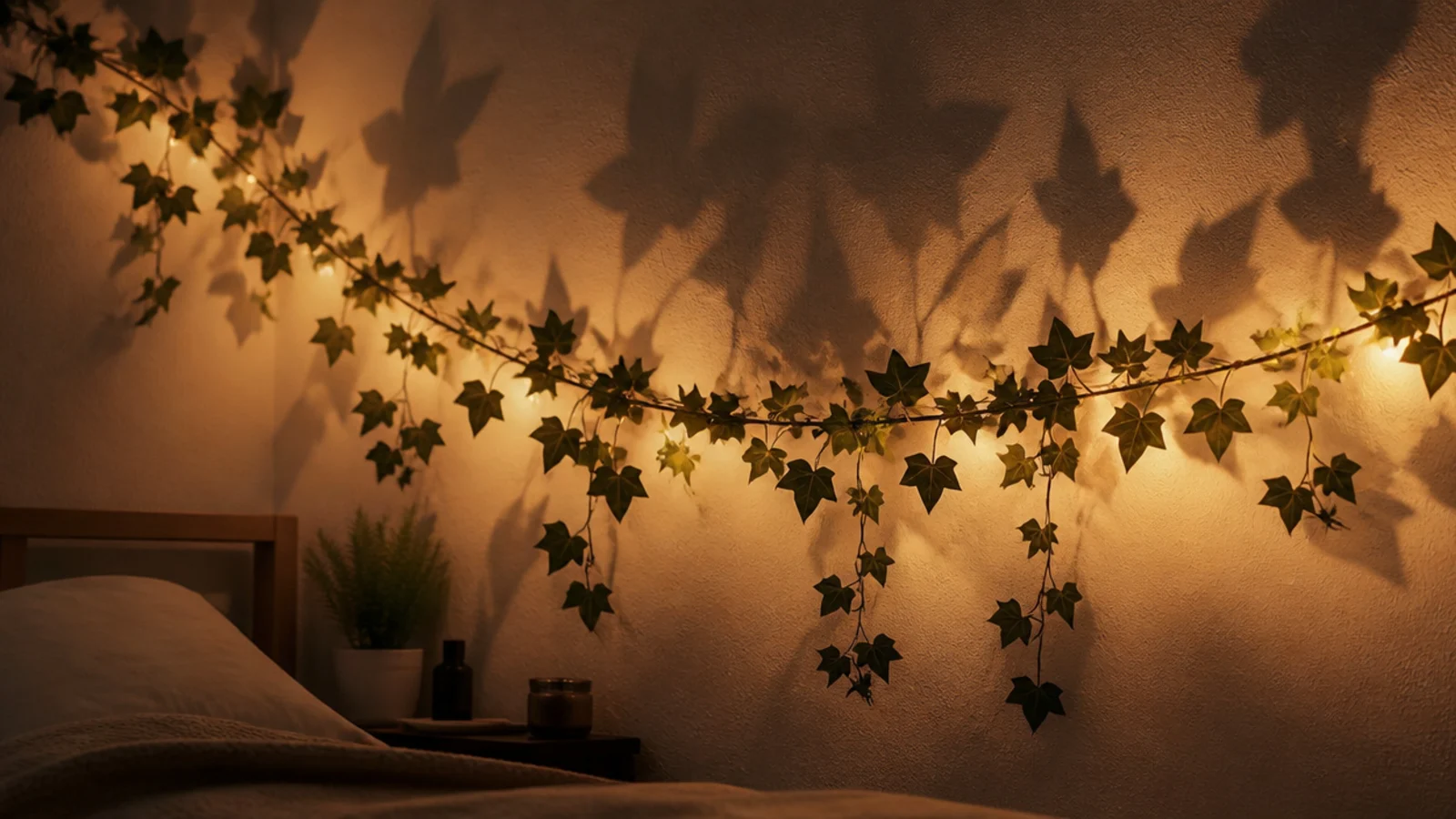 garland silhouetted against a wall lit from a strand behind it