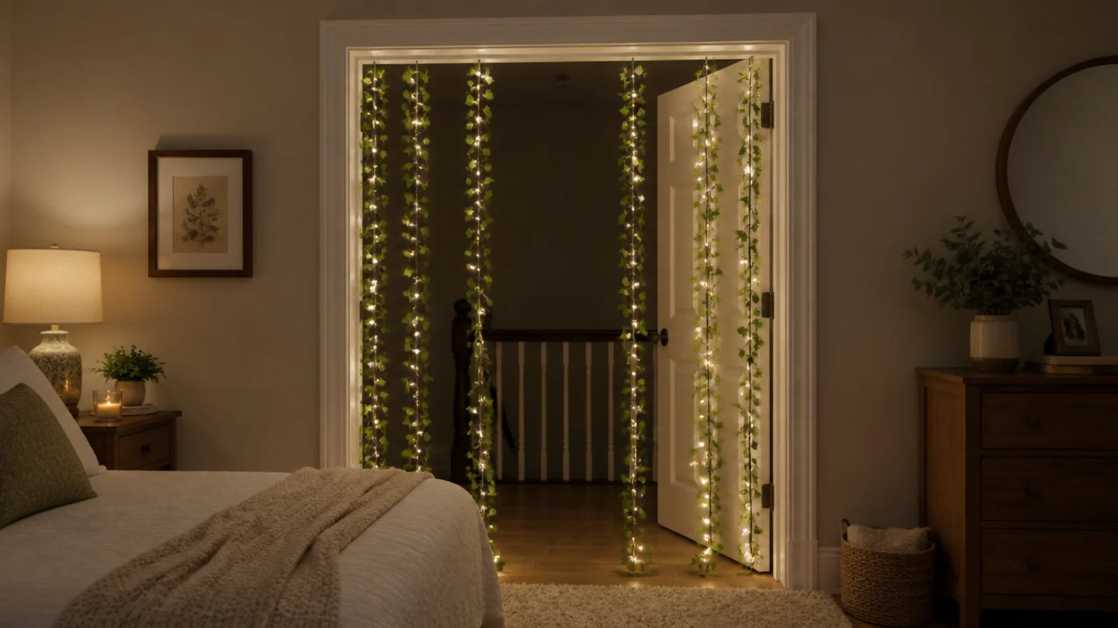 hanging vine strands with lights framing an open bedroom doorway