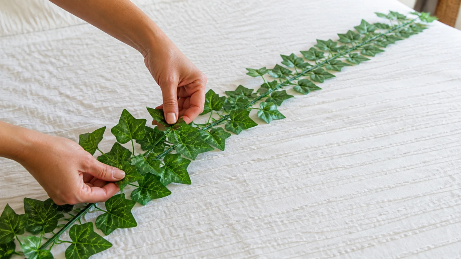 hands bending flat artificial leaves outward along a garland stem