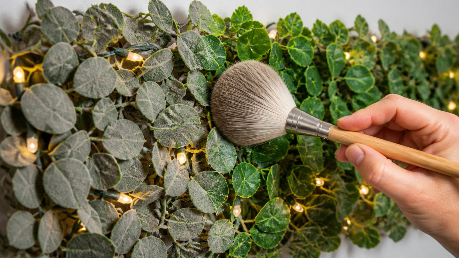 soft brush lifting dust from artificial leaves on a lit garland