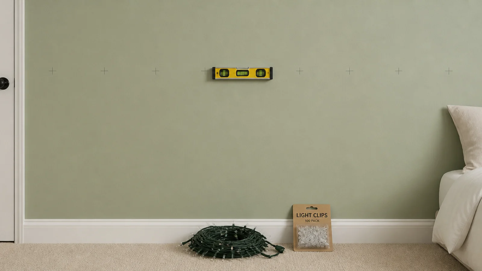 pencil marks and a spirit level on a bedroom wall before hanging lights
