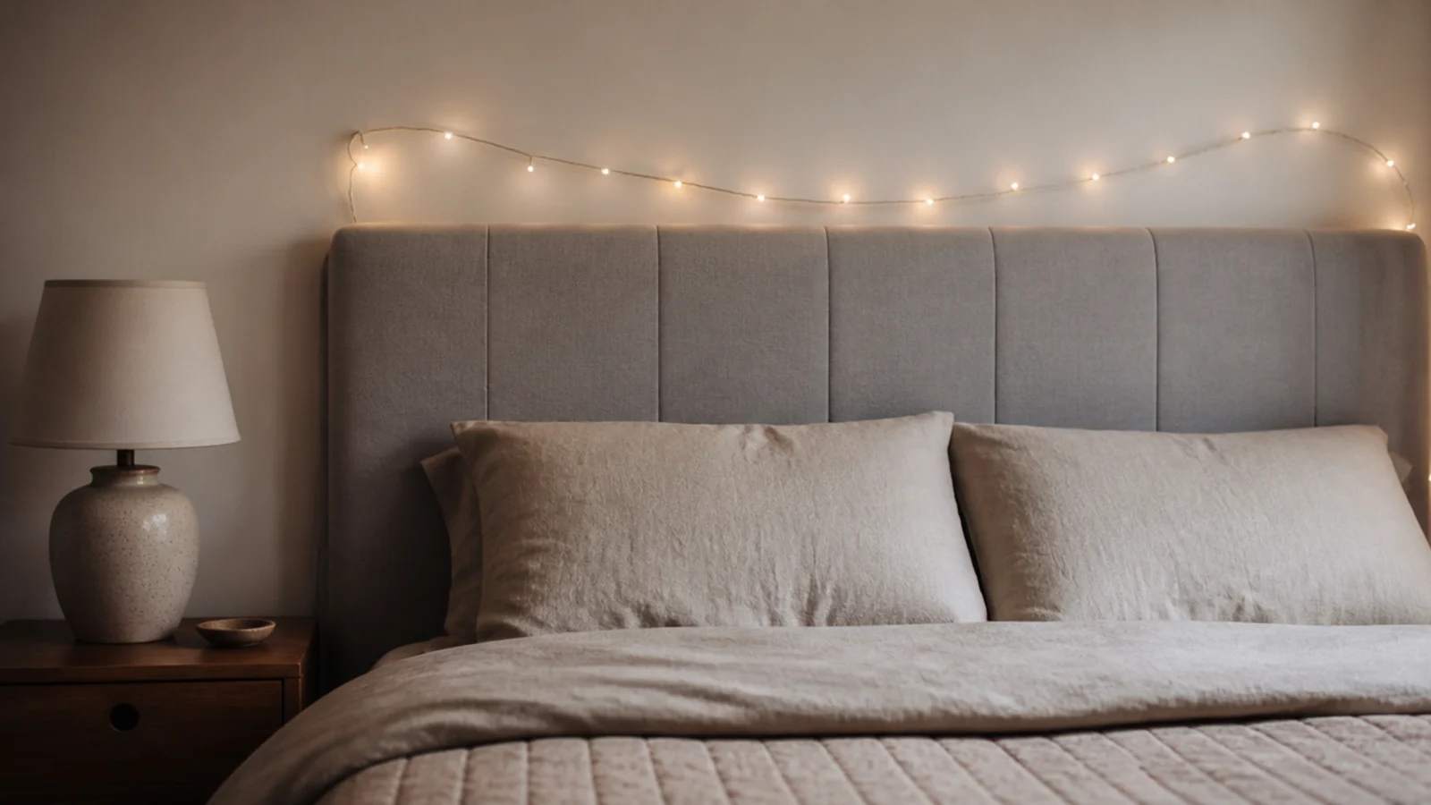 gentle arc of lights above a padded headboard in a dim bedroom