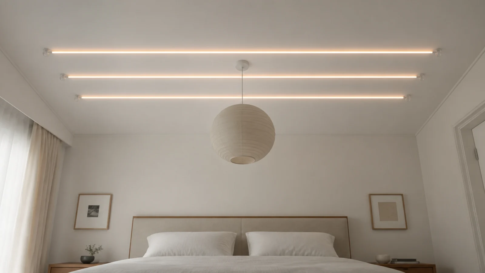 three parallel light runs crossing a ceiling directly above a bed