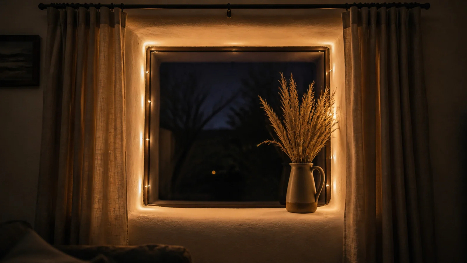 lights fixed inside a deep window reveal behind open curtains