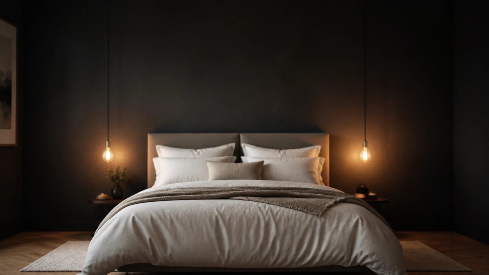 two vertical light drops flanking a bed like narrow curtain panels