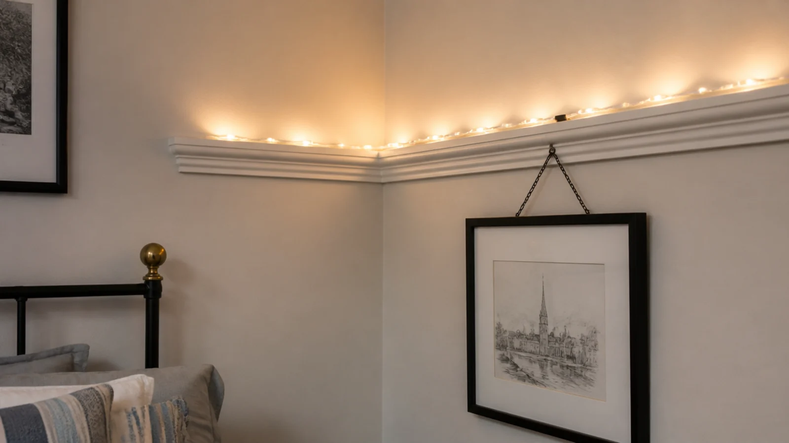 warm strand following a picture rail around a bedroom corner