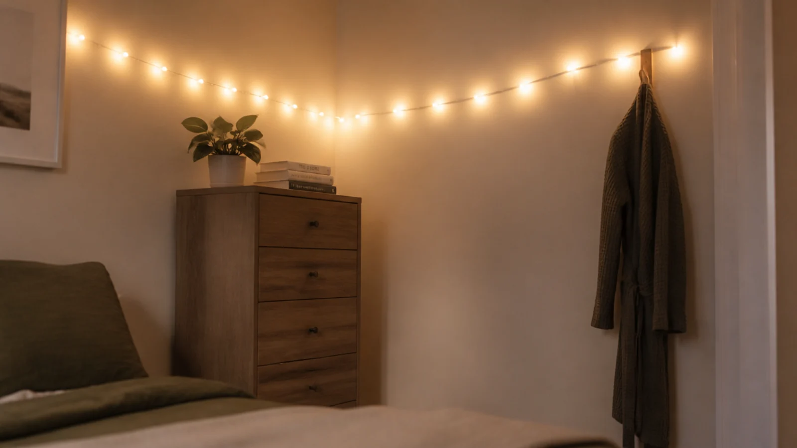 light strand turning a bedroom corner and lighting both walls