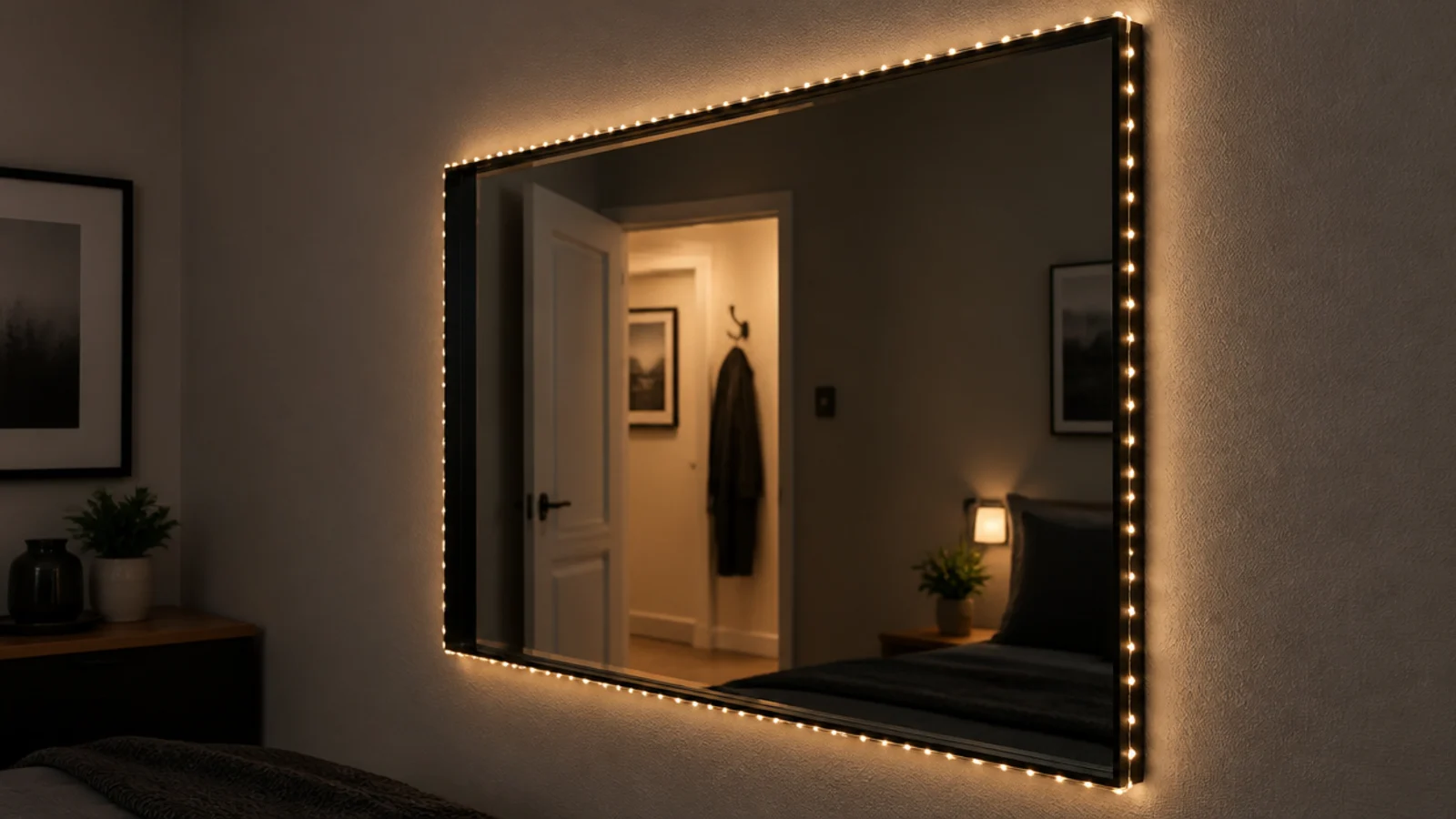 rectangular mirror outlined with fine lights fixed to its outer frame