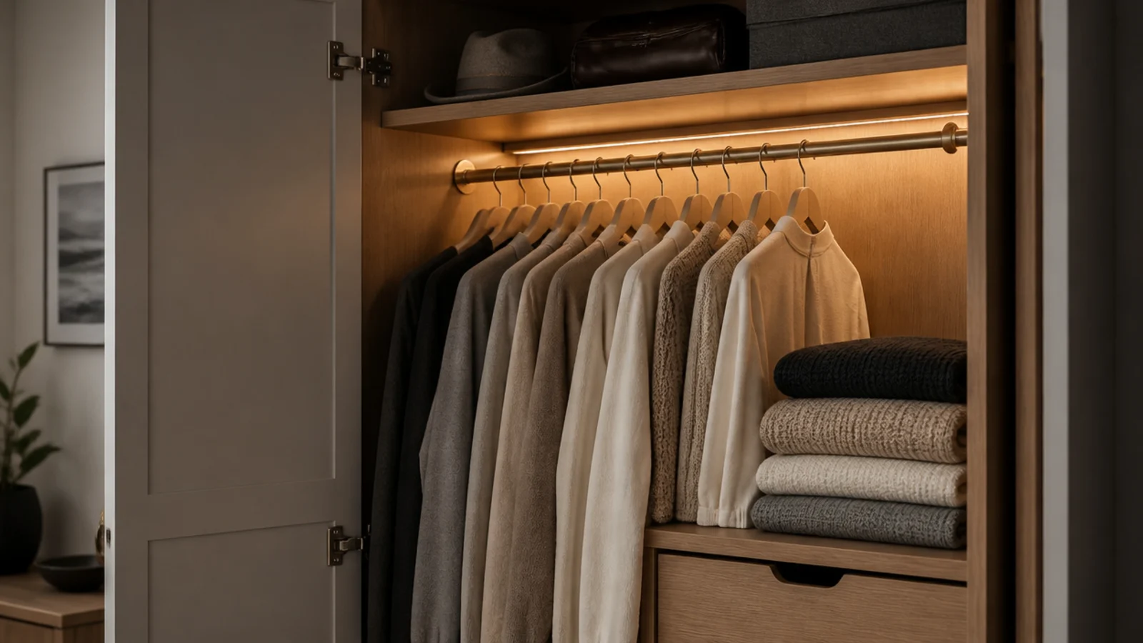 hanging rail of clothes lit by a strand under a wardrobe shelf
