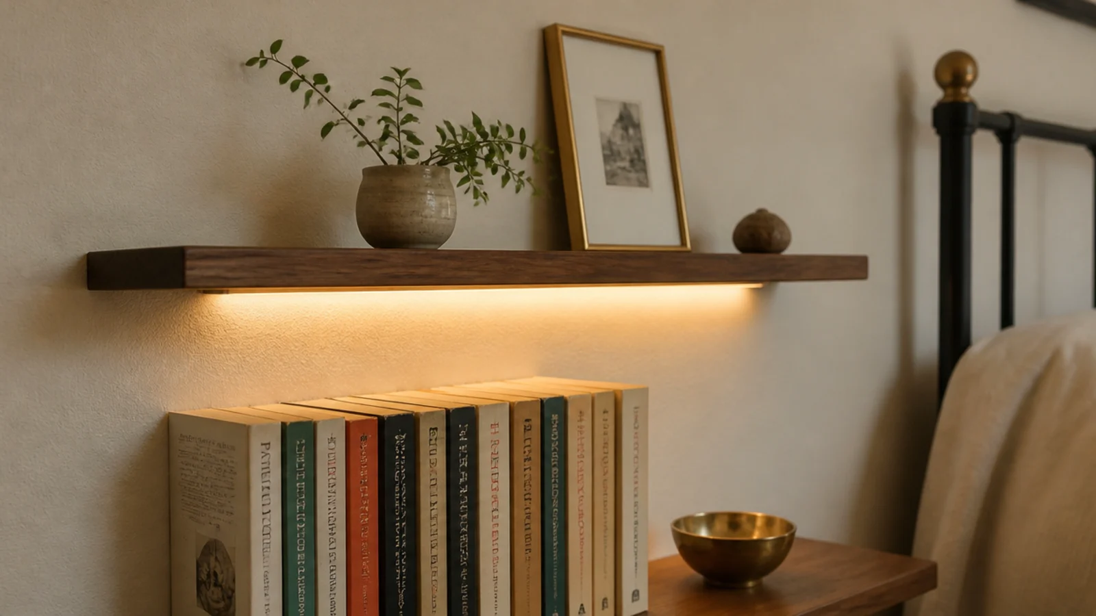 objects on a shelf lit from beneath by a concealed light strand