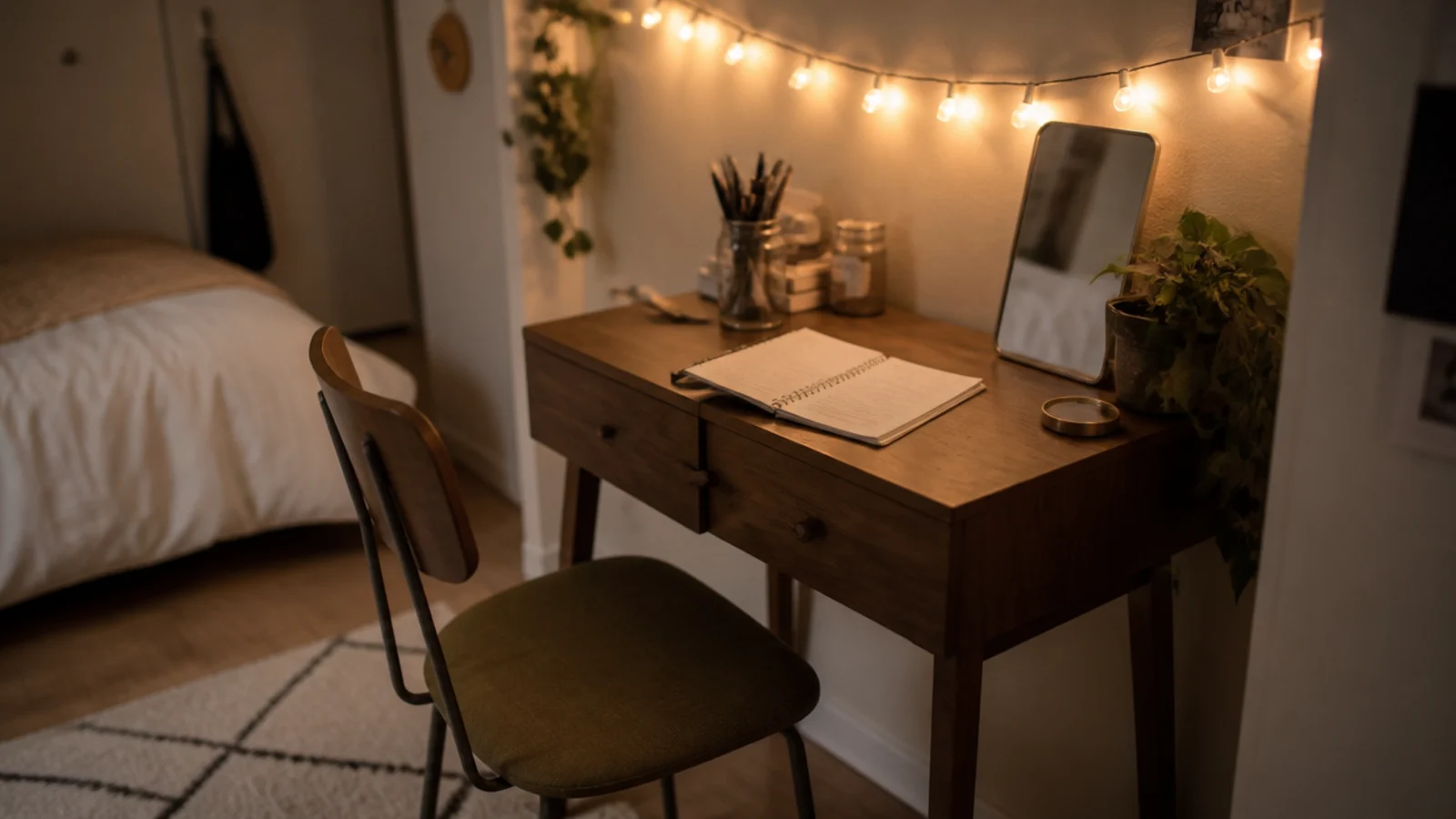 small bedroom desk lit by a strand along the wall above it