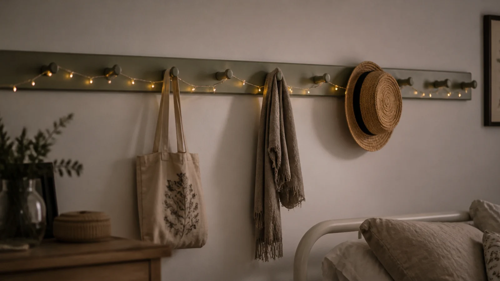 peg rail carrying looped lights between hanging bags and hats