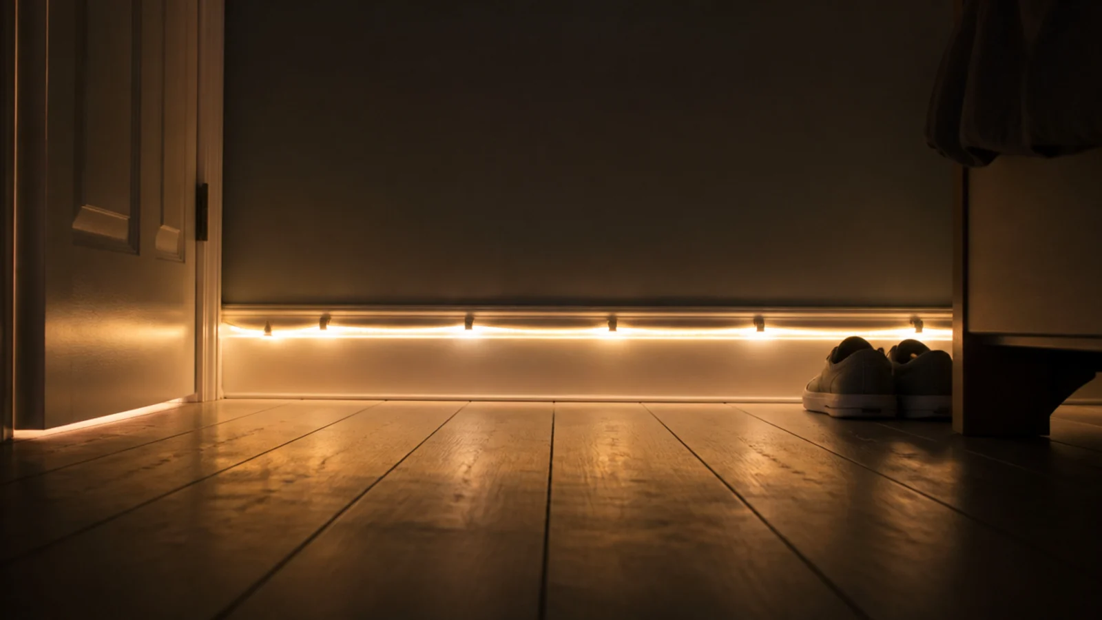 low warm line of lights following skirting in a dark bedroom