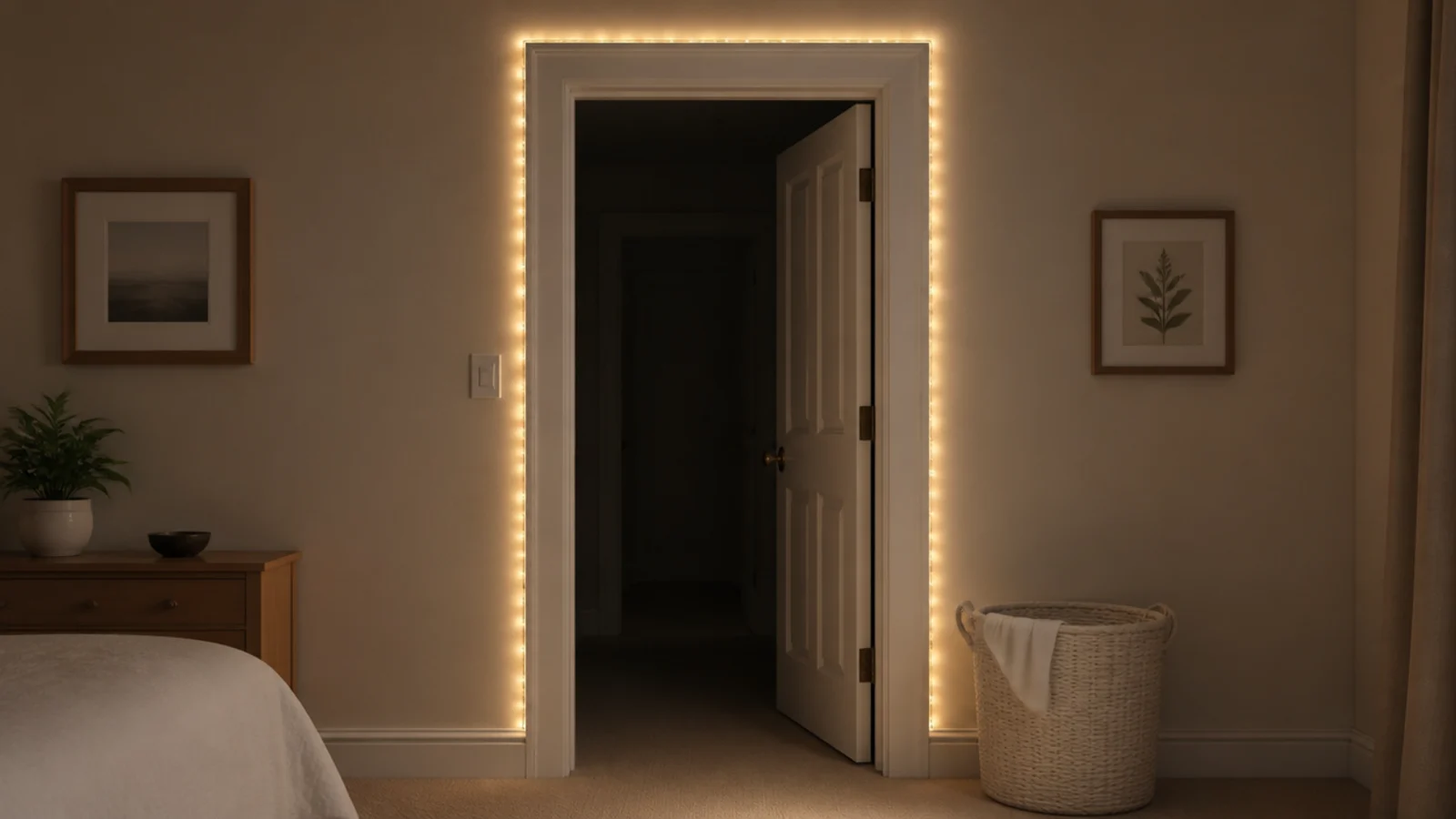 bedroom door architrave outlined with a fine warm light strand