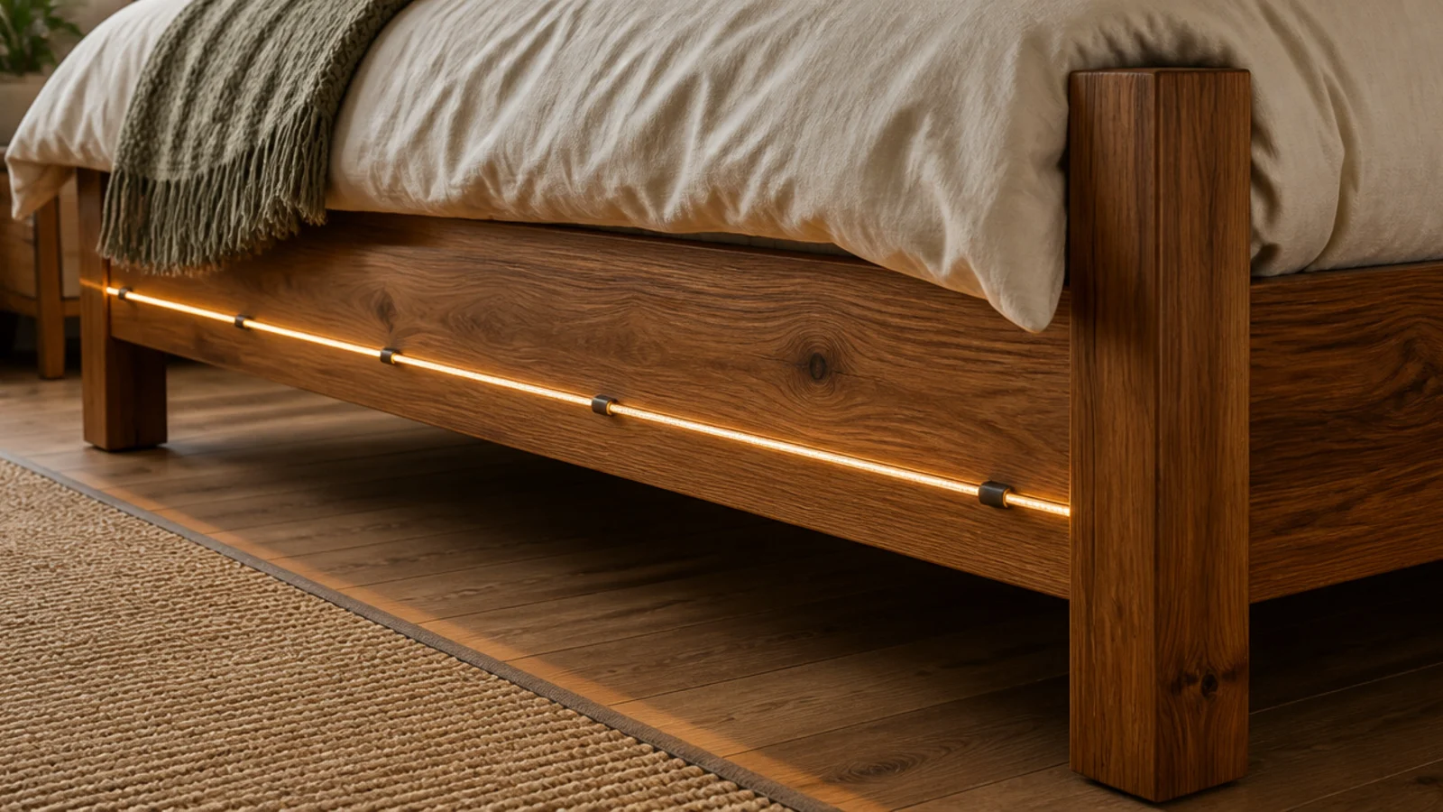 lights clipped to the outer rail of a wooden bed frame