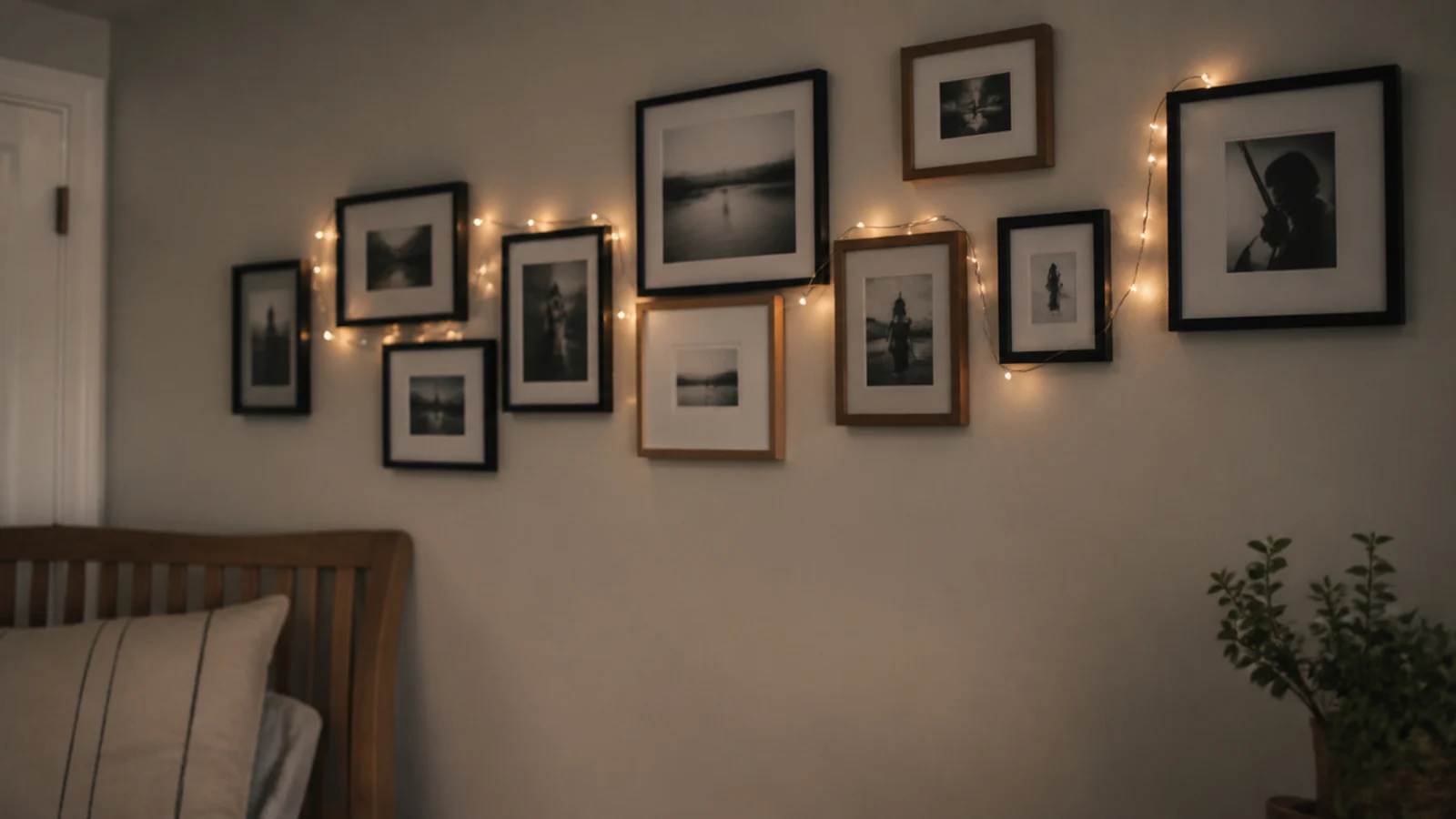 gallery frames on a wall with a light strand woven between them
