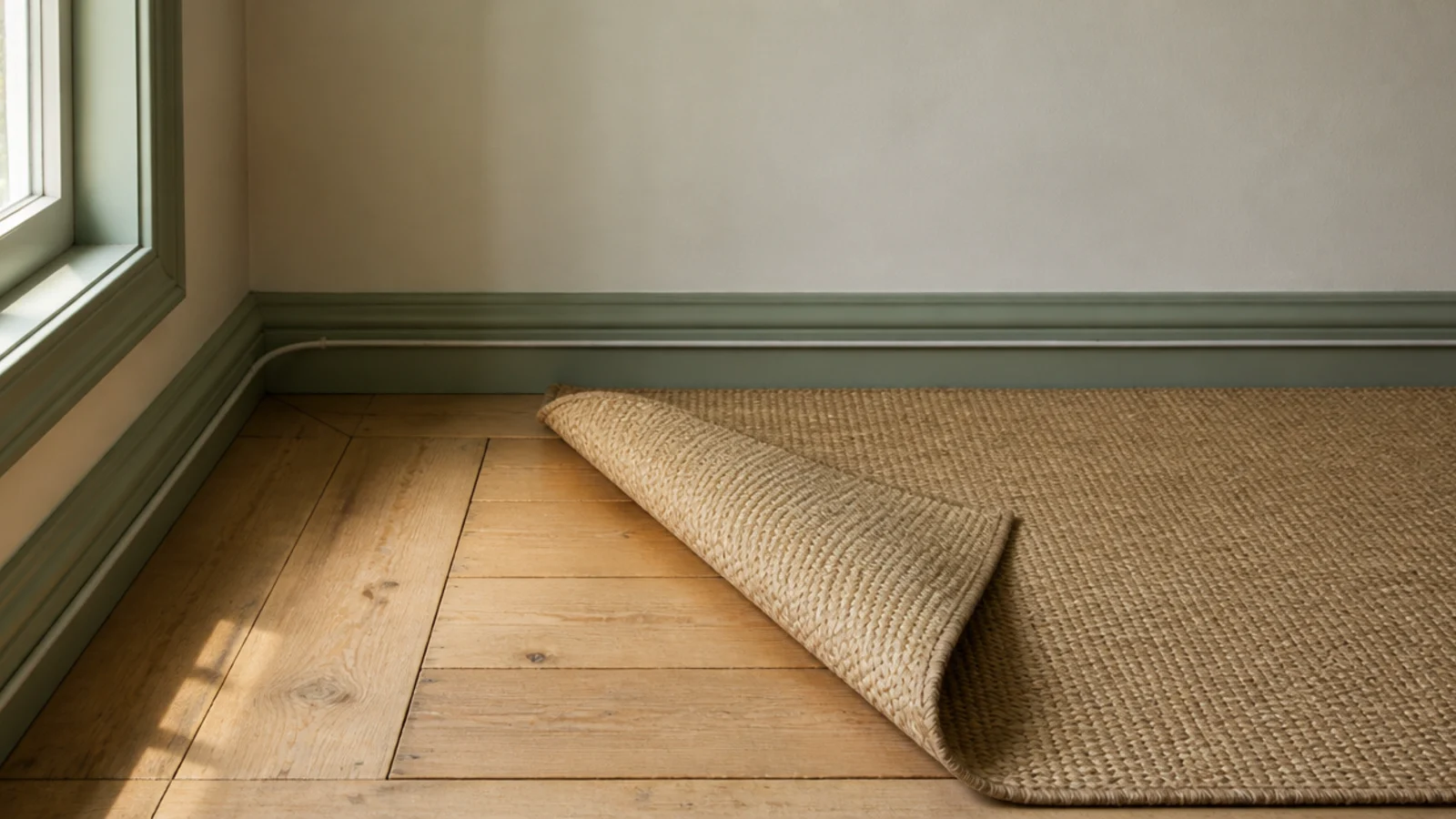 rolled back rug showing bare floor where no cable should run