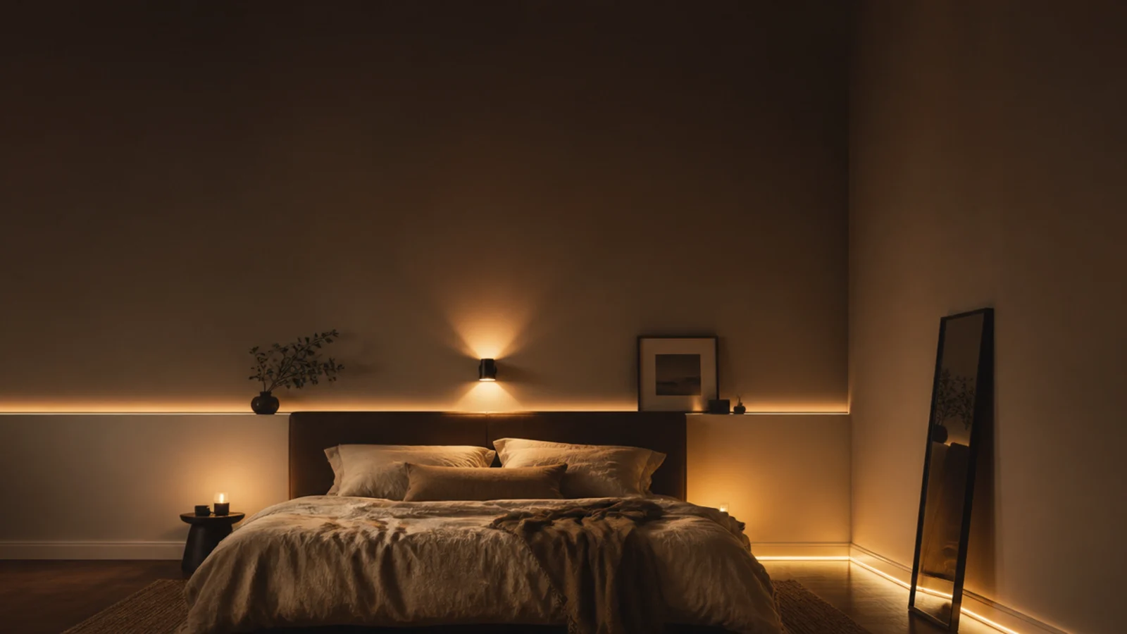 tall bedroom view showing several fairy light placements at once