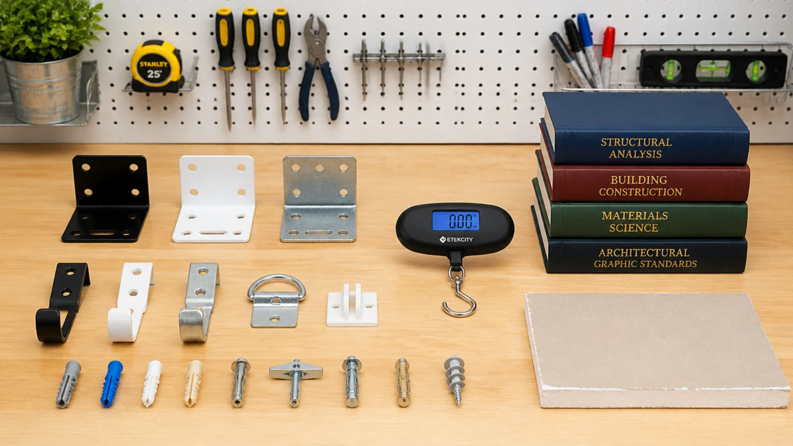 testing bench with shelf brackets anchors and a weight testing setup