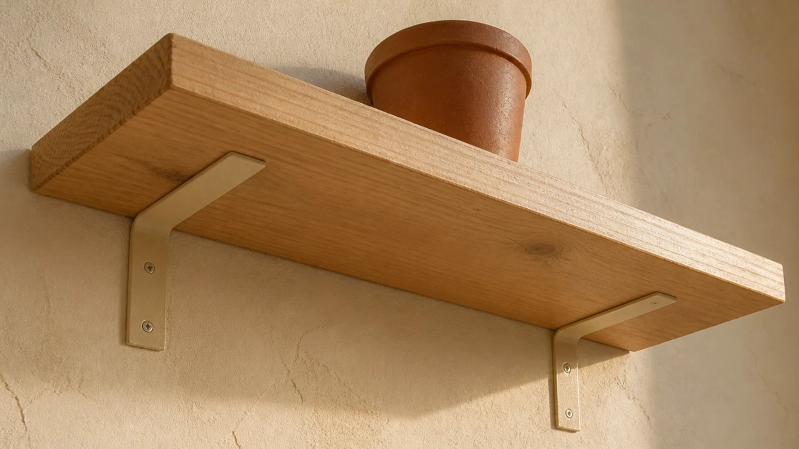 painted L brackets supporting a wooden shelf and blending into the wall