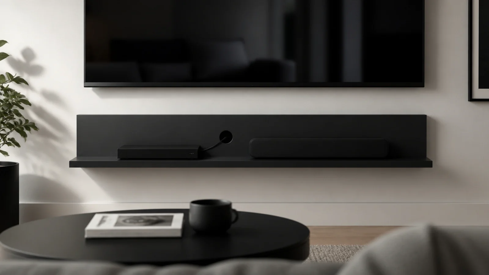 black floating shelf under a wall mounted television holding media boxes