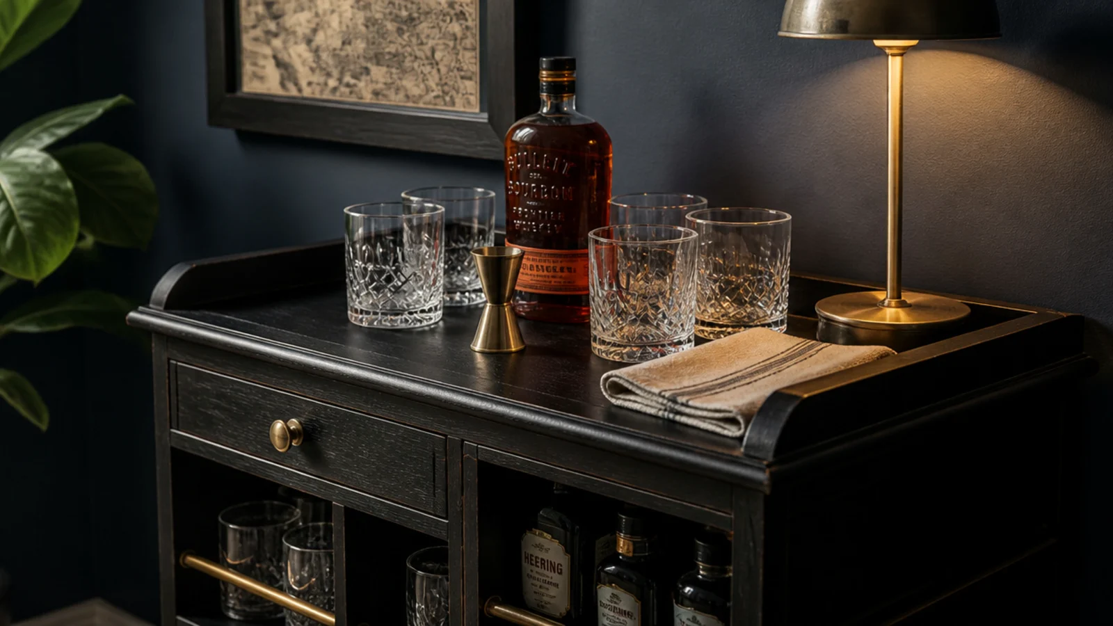 black shelf styled as a small bar with brass tools and glassware