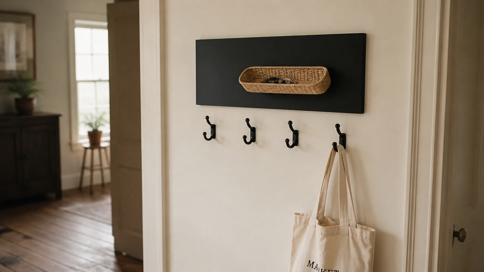 black entryway shelf above matching hooks holding a tray and tote