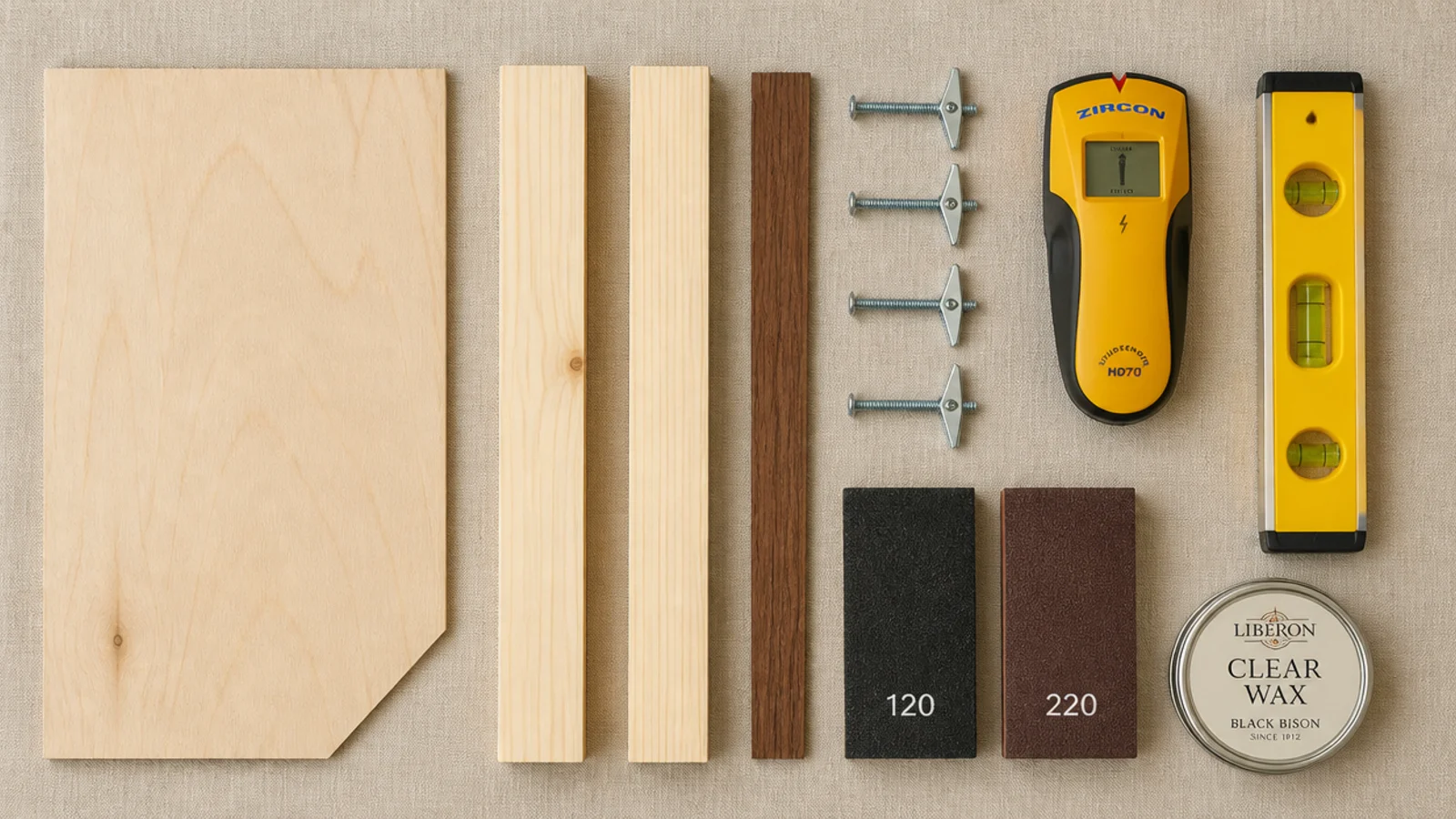 flat lay of tools and materials for building wood floating shelves