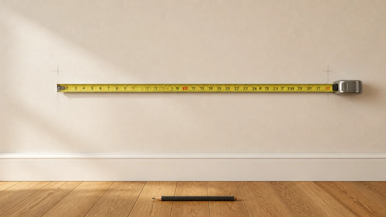 tape measure stretched along a bare wall marking floating shelf length