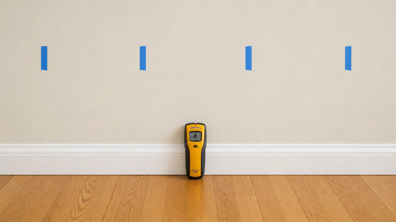blue painters tape marks showing stud centers across a cream wall