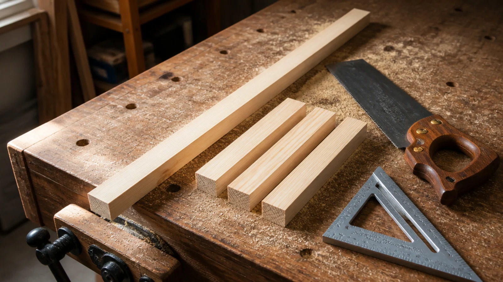 pine framing stock cut into cleat and rib pieces on a workbench