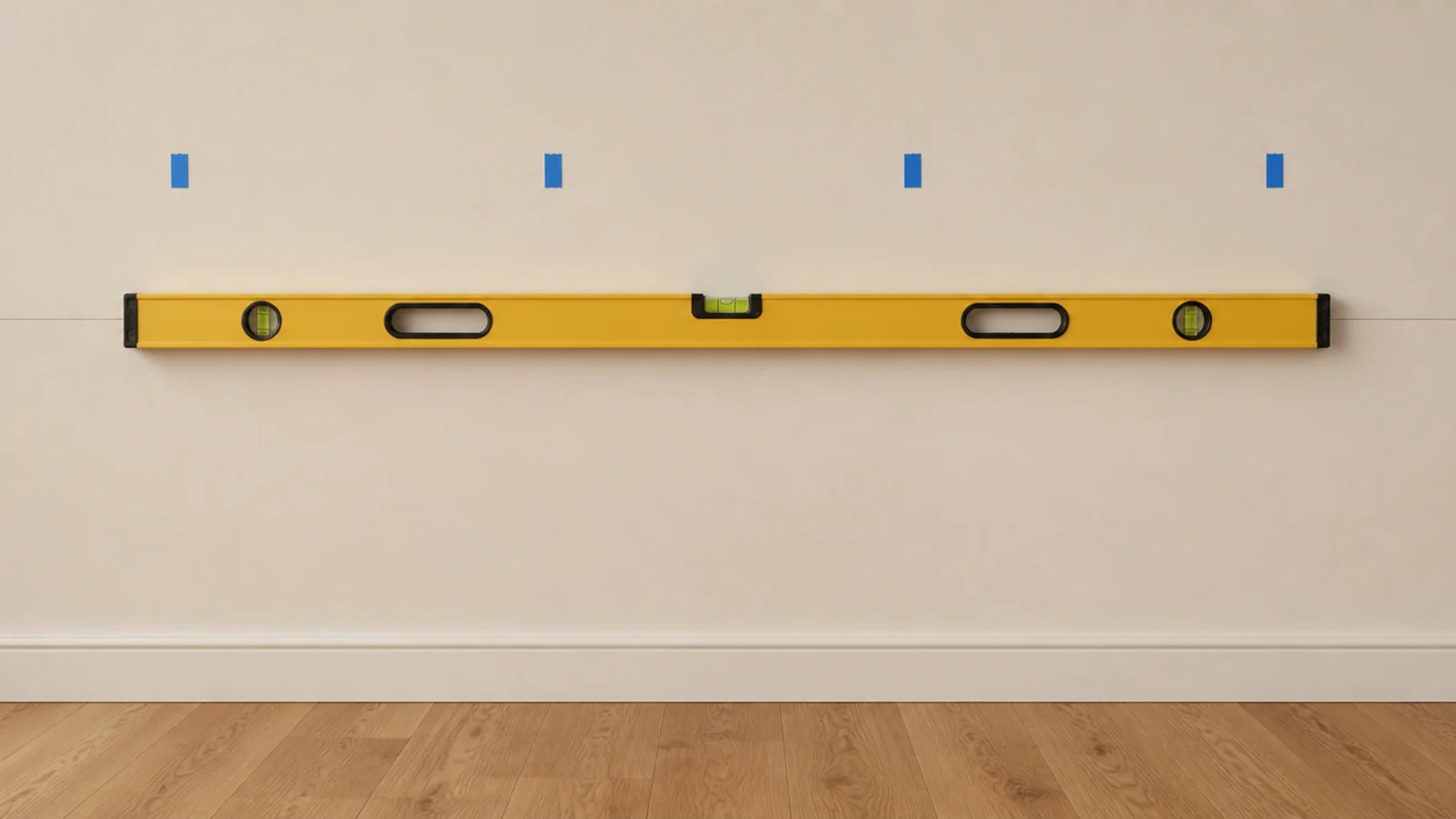 spirit level and pencil line marking floating shelf height on plaster