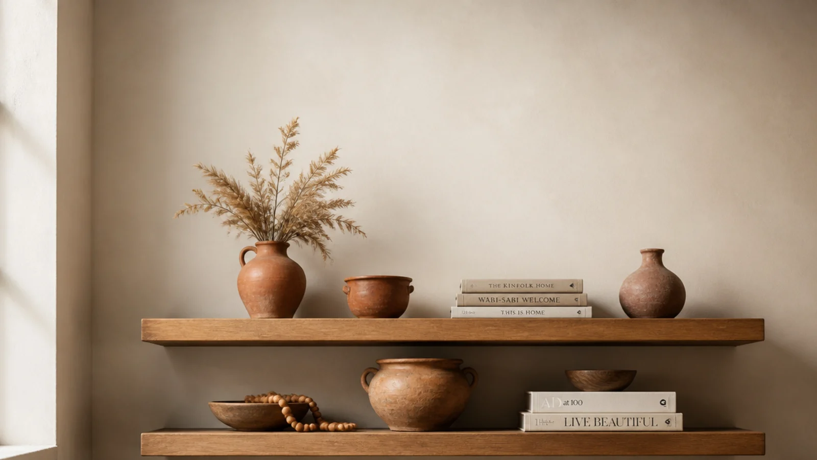 vertical build guide view of finished wooden floating shelves on a wall