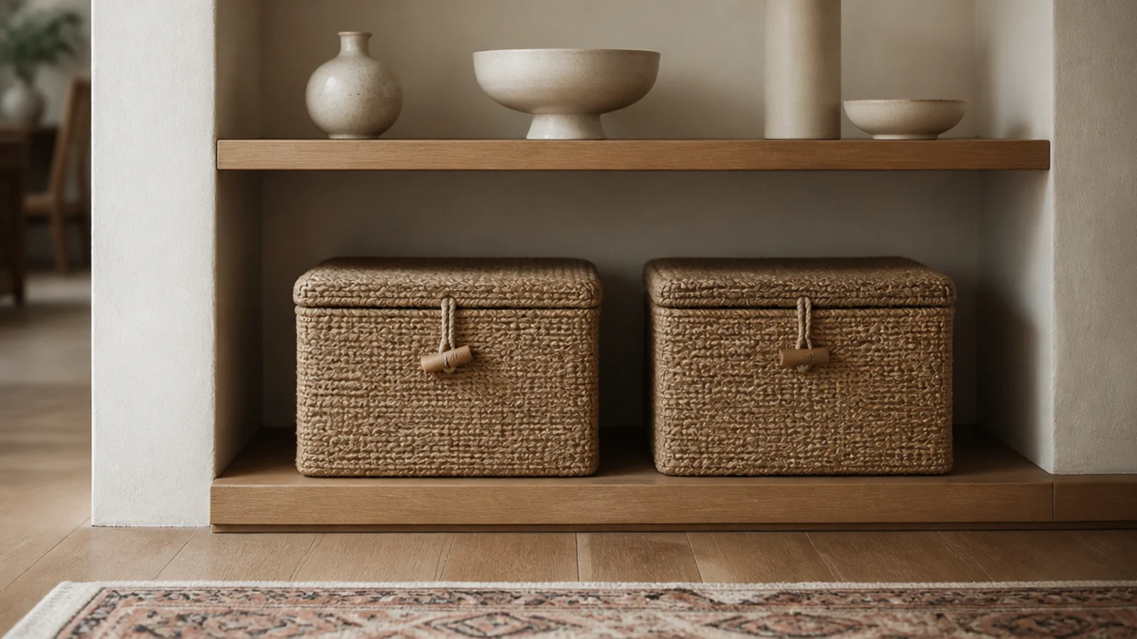 woven jute baskets anchoring the lowest shelf of a styled wall