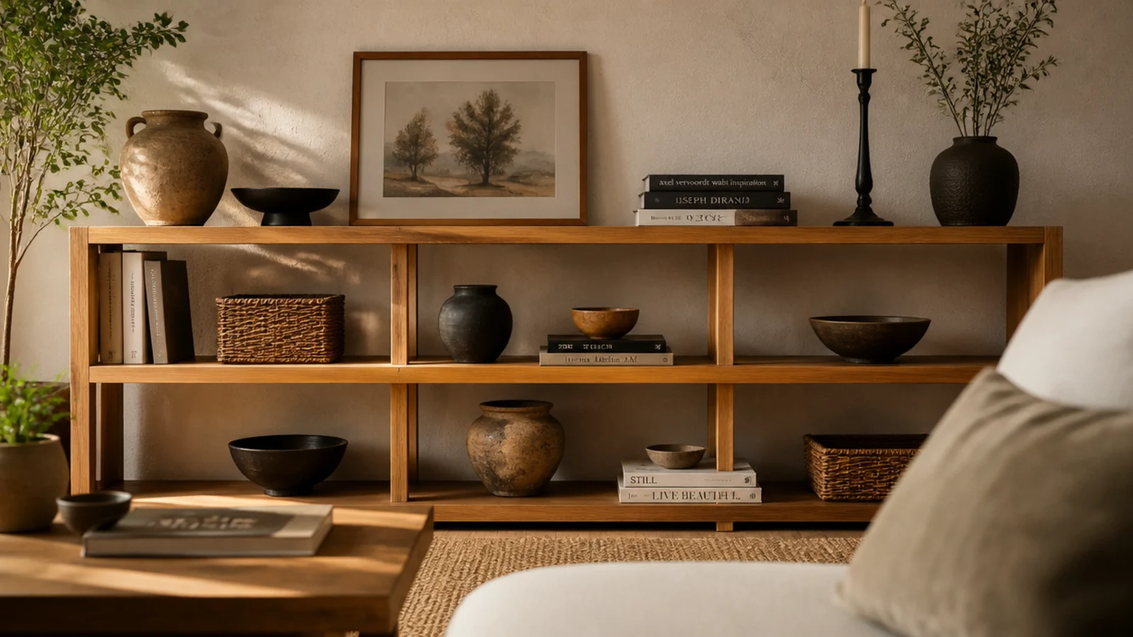 view of a styled shelf seen from a low sofa seat height