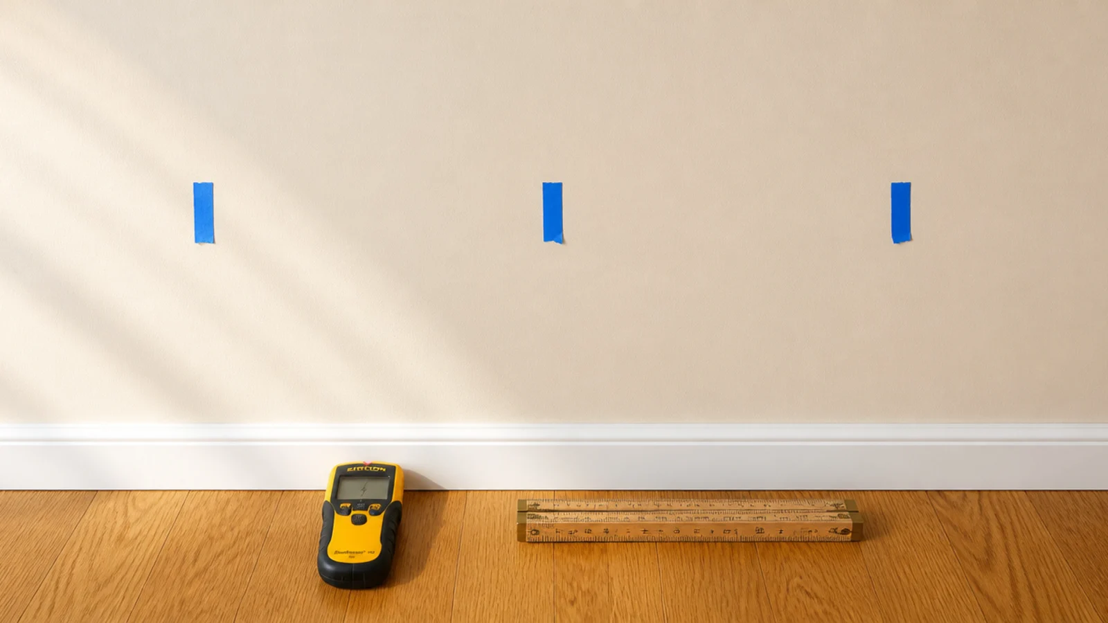 stud finder and pencil marks mapping a wall before floating shelf install