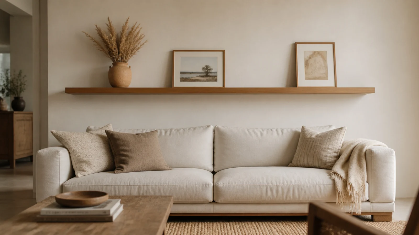 single long floating oak shelf mounted above a pale linen sofa