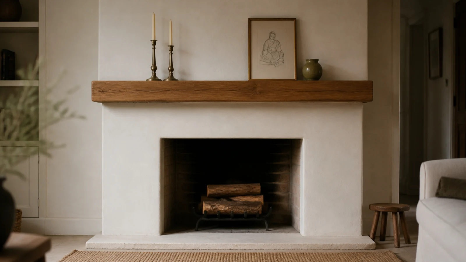 thick floating oak mantel shelf above a simple plaster fireplace