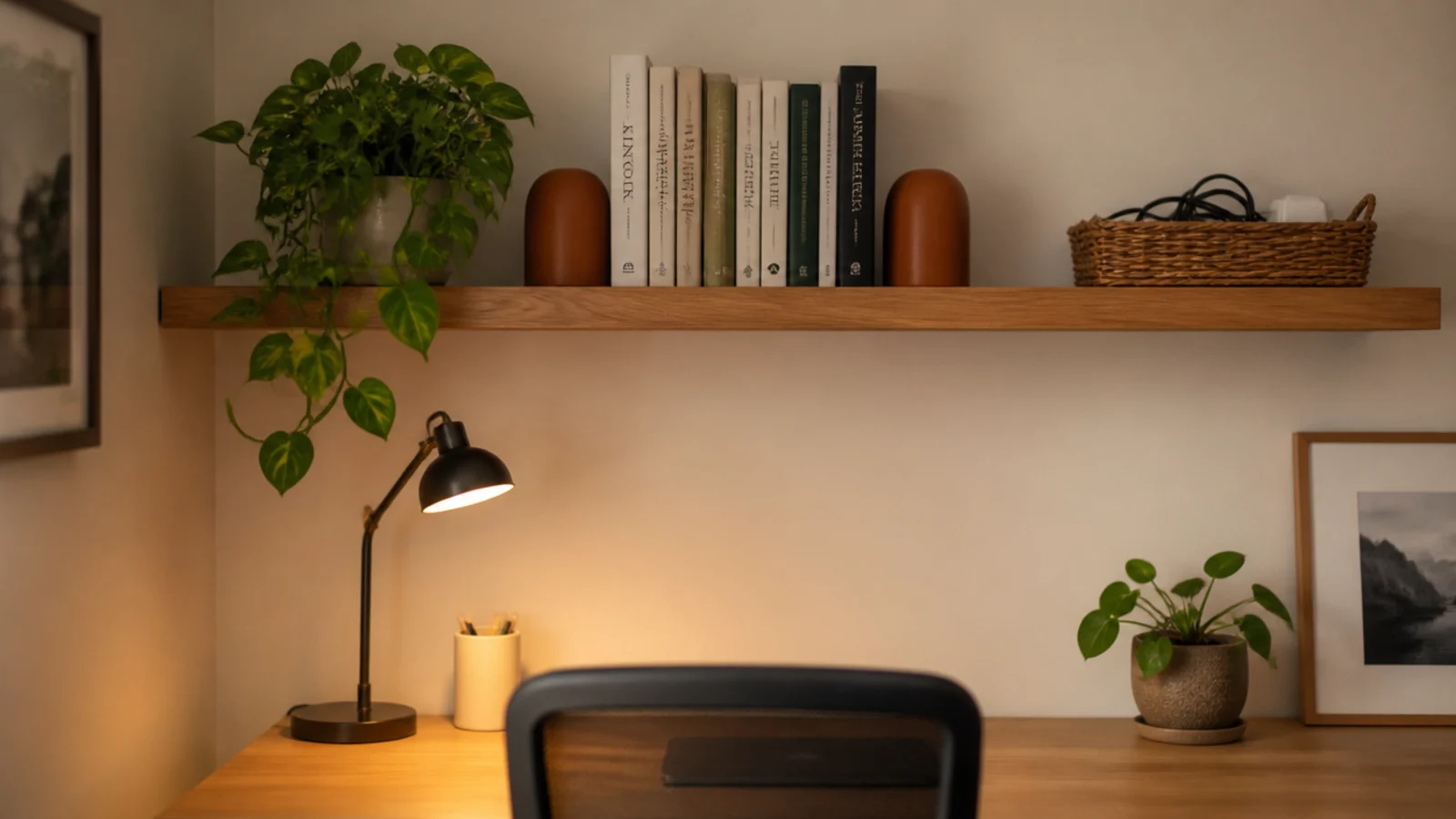 floating shelf mounted above a small desk holding books and a plant